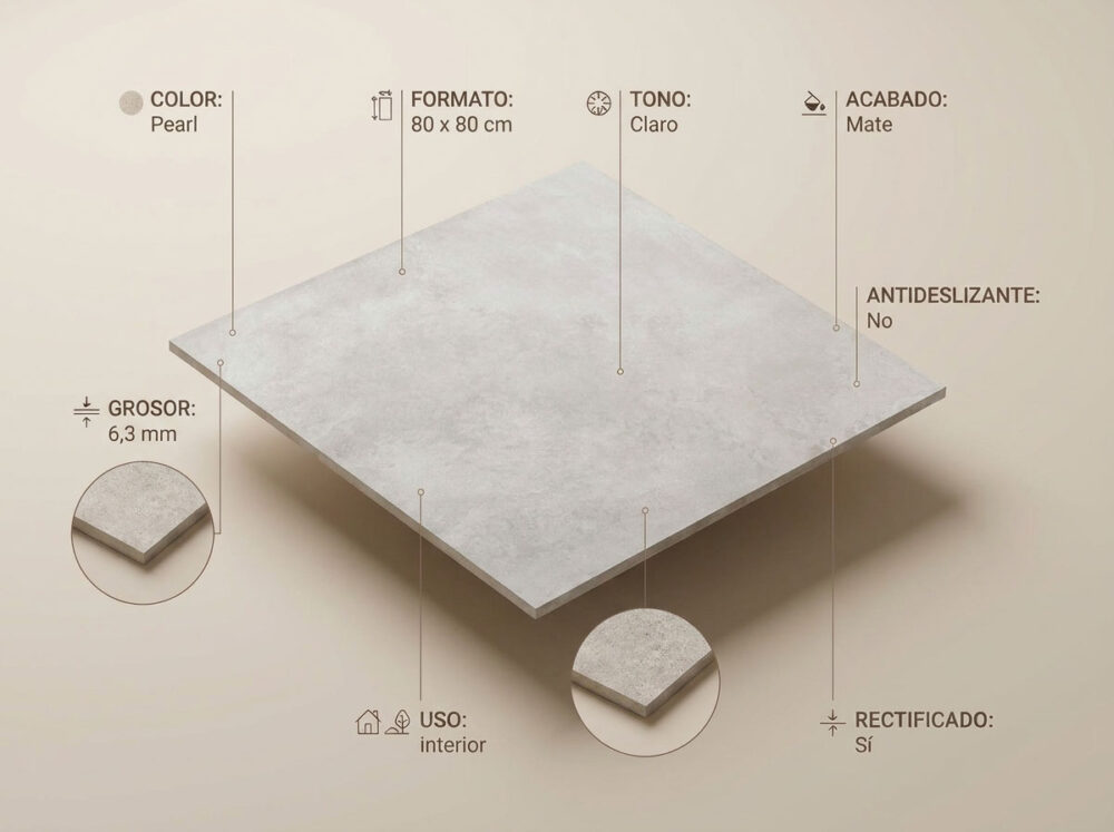 Porcelánico Derek Pearl 80×80 cm MT 6 mm Rect