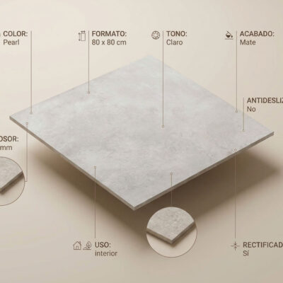 Un suelo porcelanico efecto cemento color Pearl de 80x80 cm con acabado mate y 6,3 mm de grosor.