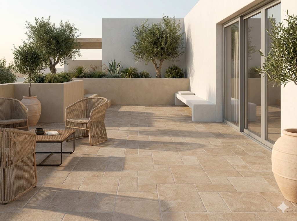 Terraza exterior con suelo porcelánico imitación piedra Sinai Taupe. Muebles de mimbre y olivos.