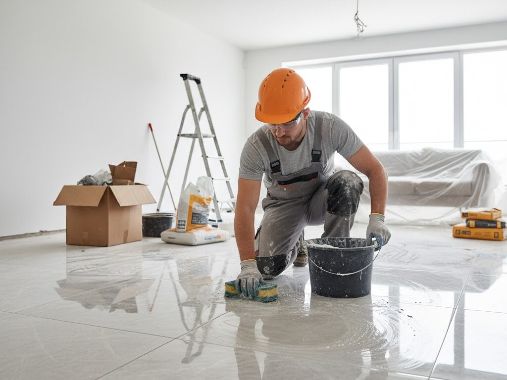 Operario limpiando suelo porcelánico pulido tras una reforma, utilizando esponja y cubo de agua en un espacio interior