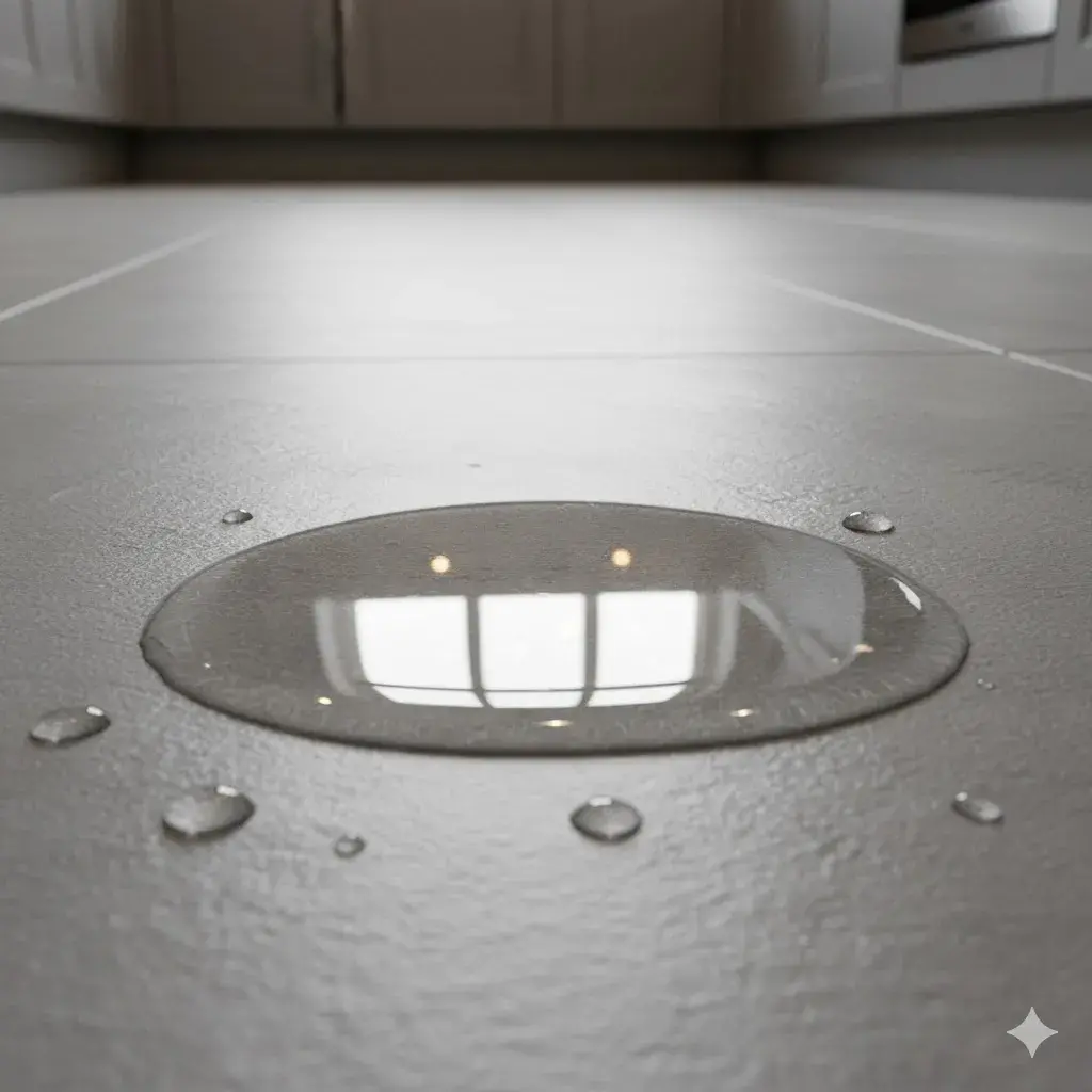 Agua derramada sobre un suelo impermeable sin ser absorbida