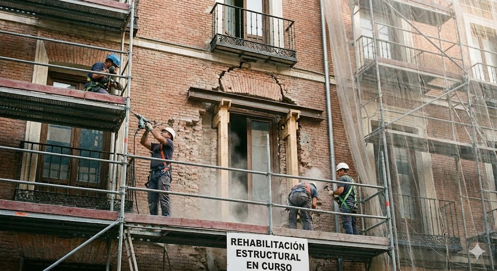 Trabajos de reparación estructural en fachada