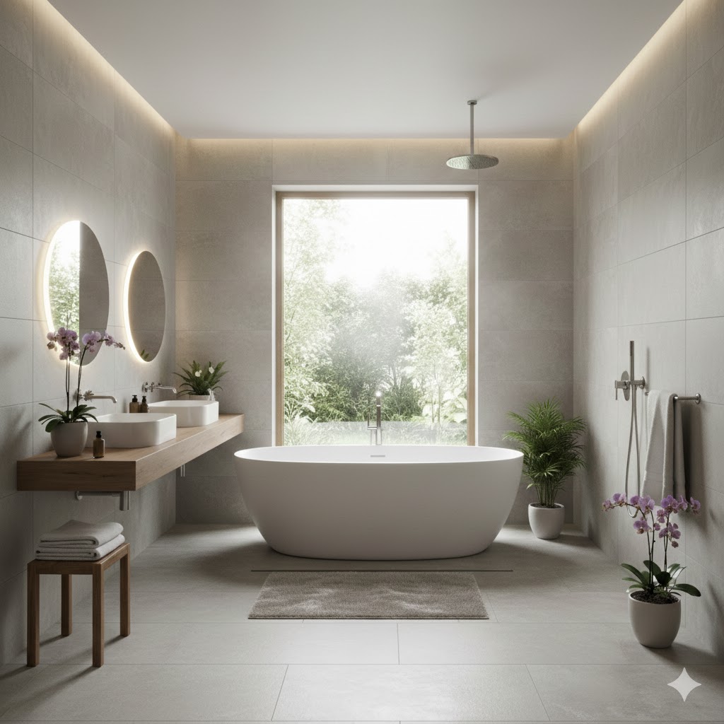 Baño tipo spa con porcelánico greige y textura suave