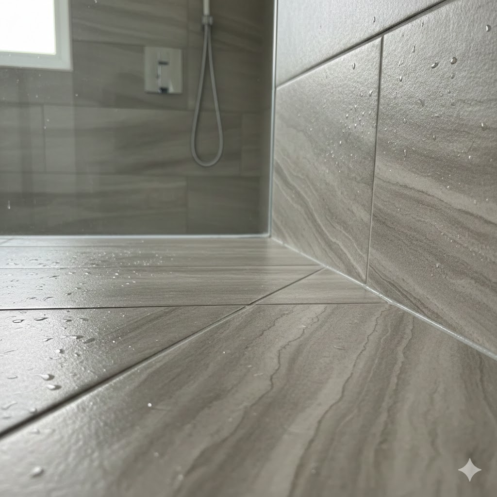 Detalle de juntas limpias en baño con porcelánico