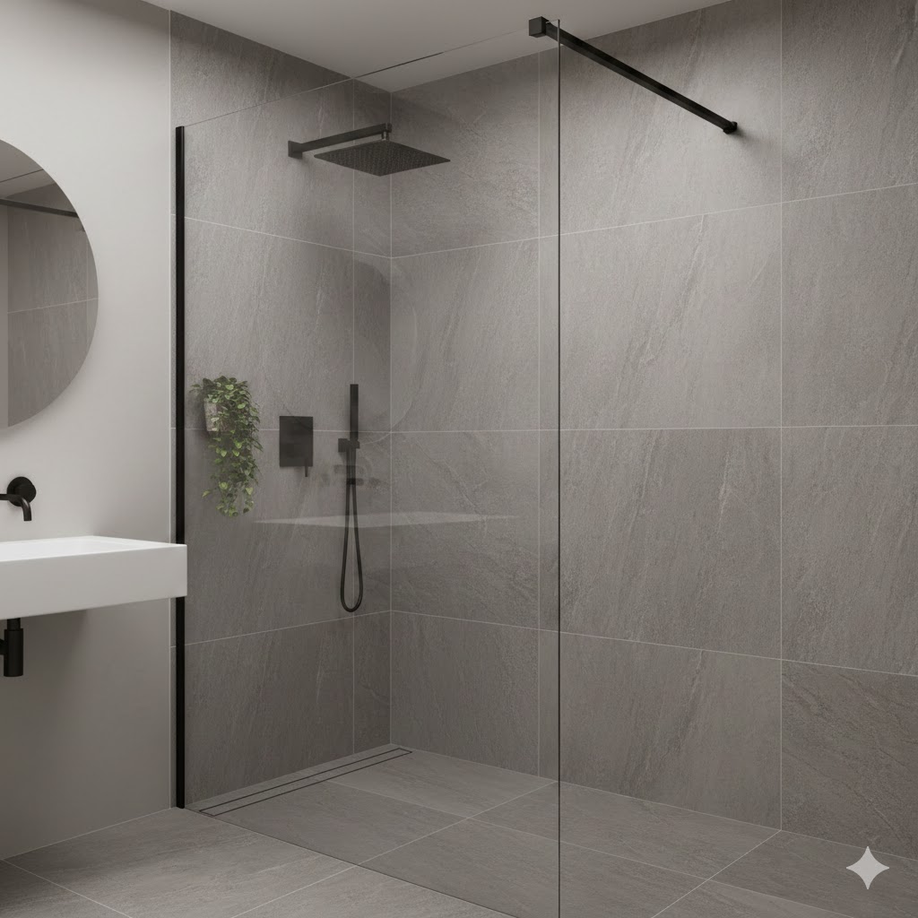 Ducha de obra con revestimiento porcelánico y perfilería minimal