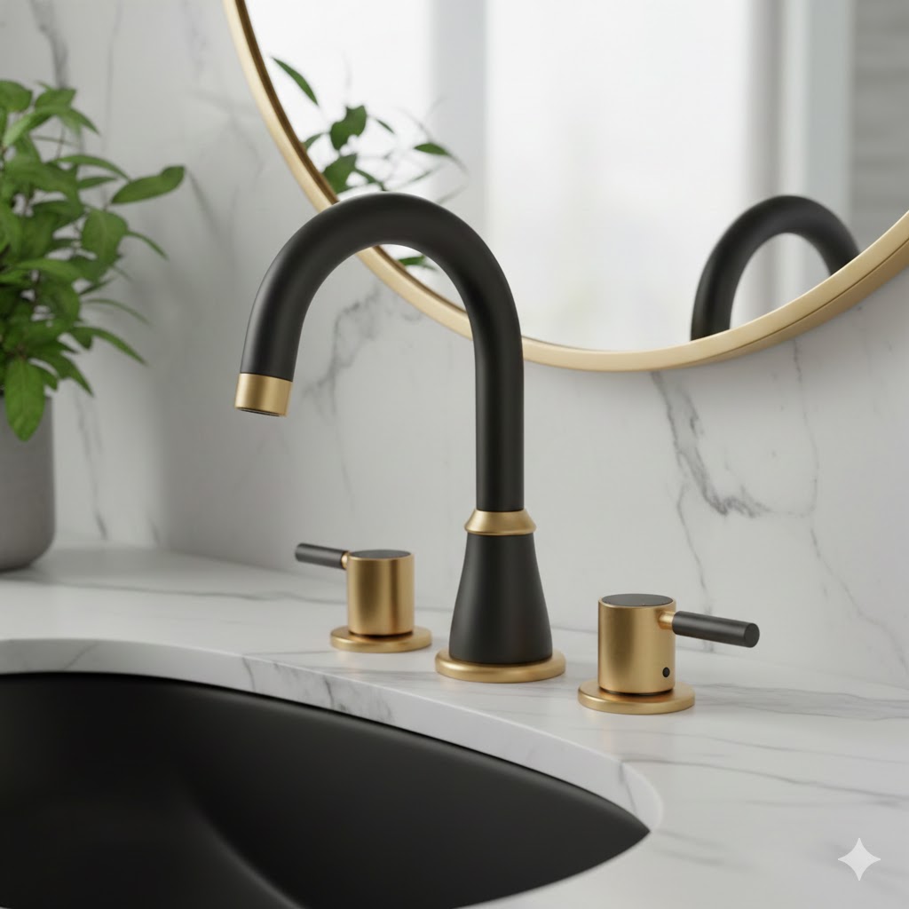 Grifería negra mate y dorado cepillado en baño premium