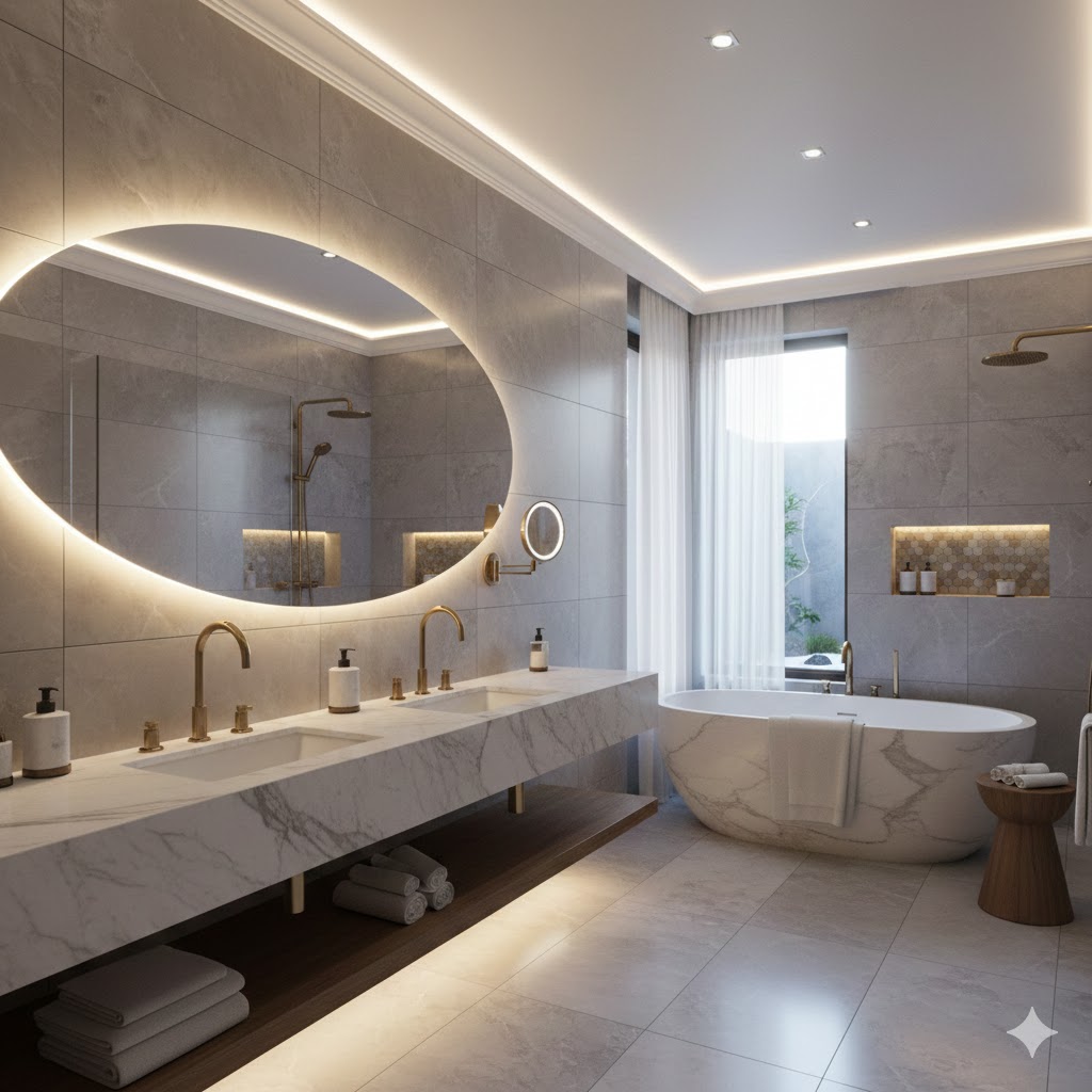 Iluminación indirecta en baño de lujo con espejo retroiluminado