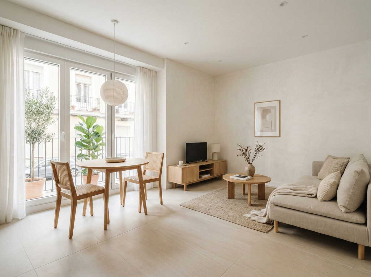 Apartamento pequeño con porcelánico claro en gran formato que amplía visualmente el espacio