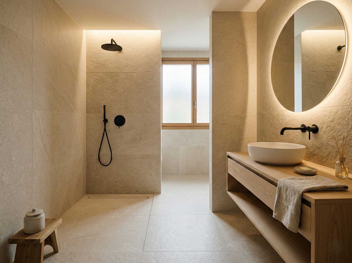 Baño moderno estilo Japandi con ducha a ras de suelo y espejo redondo iluminado. El suelo es porcelánico.