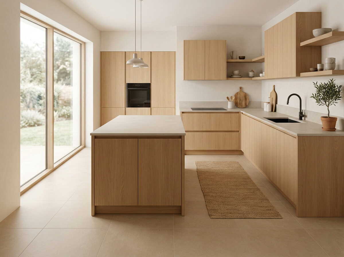 Cocina Japandi con muebles de madera clara, encimera mineral y suelo porcelánico en gran formato