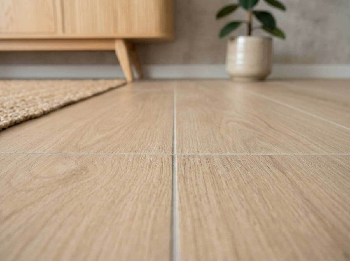 Detalle técnico de suelo porcelánico rectificado con junta mínima de 1 a 2 mm y aspecto continuo