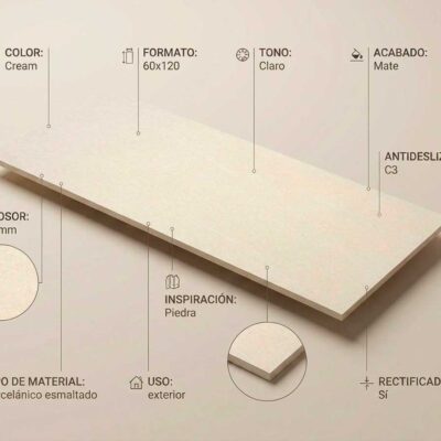 Este suelo porcelánico Halton Cream 60x120 cm es mate, rectificado y antideslizante C3.