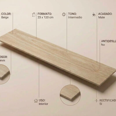 Un suelo porcelanico Havsta Beige 23x120 cm mate rectificado con textura madera.