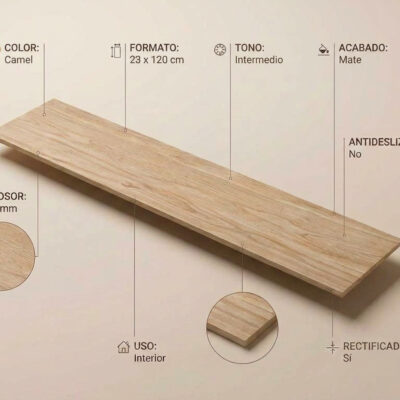 Porcelanico Havsta Camel de 23x120 cm con acabado mate y textura de madera.