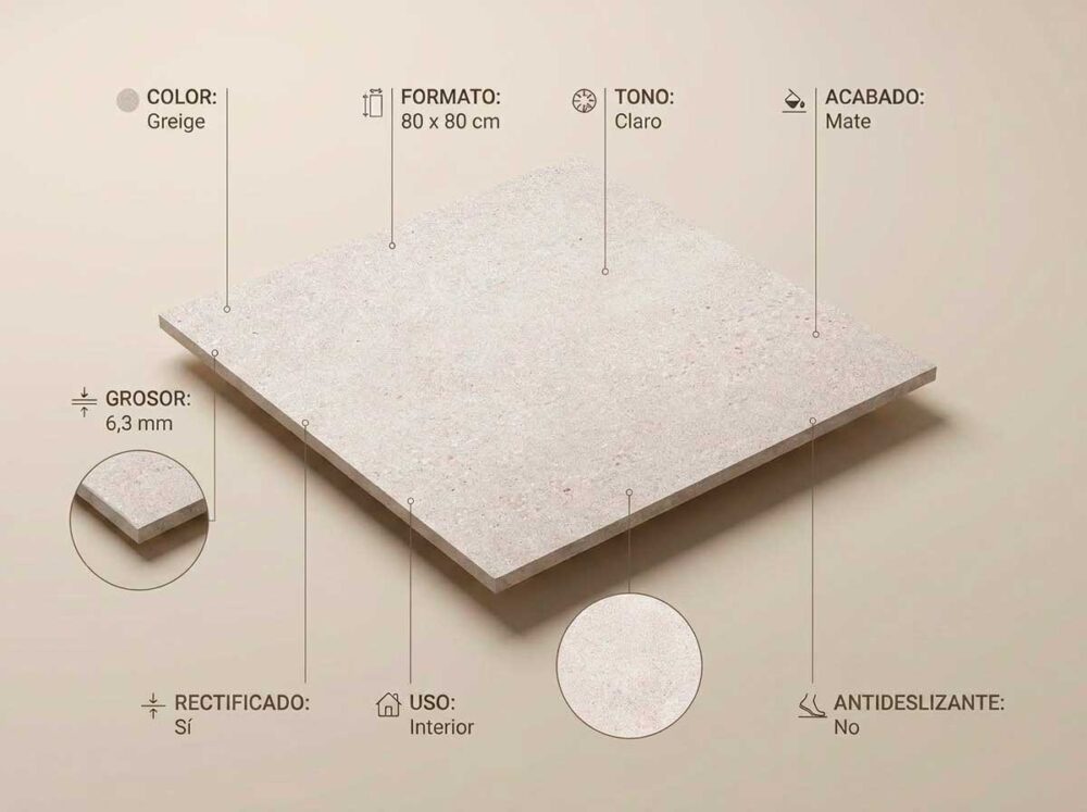Porcelánico Kreta Greige 80×80 cm MT 6 mm Rect
