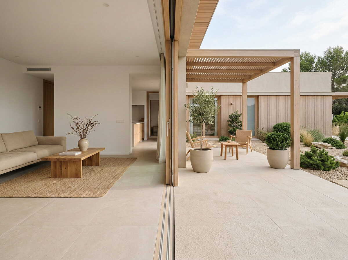 Terraza de vivienda unifamiliar con continuidad entre interior y exterior mediante porcelánico antideslizante