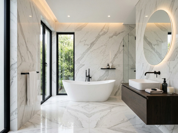 Lujoso baño con suelo y paredes de porcelánico imitación mármol gran formato.