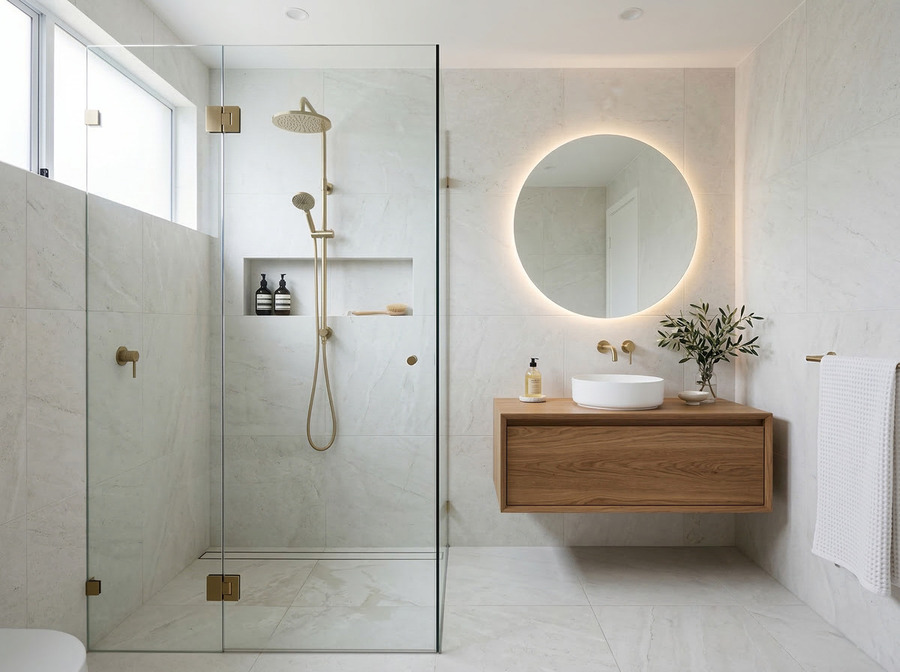 Baño convertido en santuario con azulejos de piedra blanca y acabado antideslizante