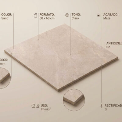 Azulejo porcelánico Lithos Sand color arena mate de 60x60 cm con detalles de sus características.