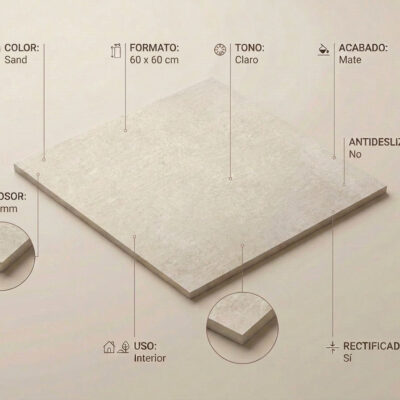 Suelo porcelánico Lorraine Sand 60x60 cm mate y rectificado con sus especificaciones.
