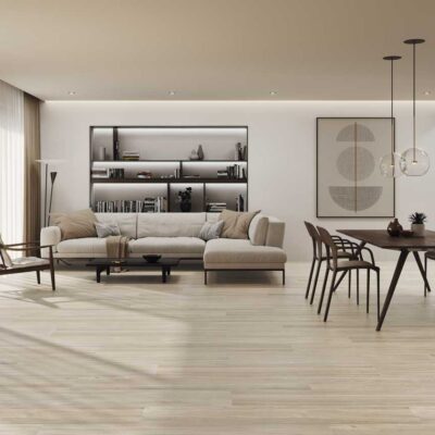 Salón comedor moderno con suelo porcelánico imitación madera Havsta Natural.