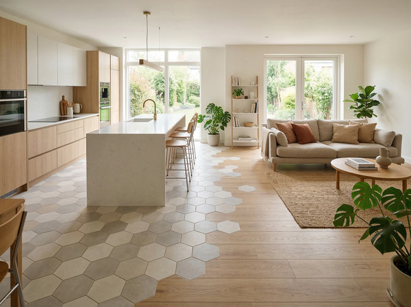 Transición de suelo hexagonal a lamas imitación madera en cocina abierta al salón