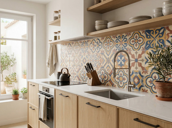 Pared de cocina con azulejos porcelánicos imitación hidráulico de colores vivos, salpicadero decorativo y fácil de limpiar