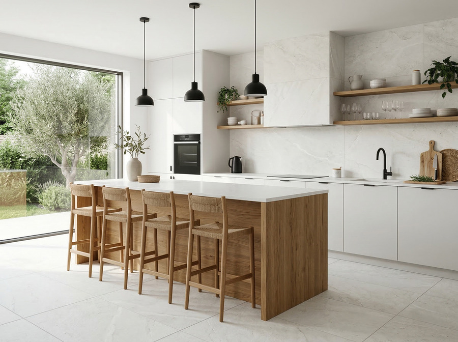 Cocina moderna con isla de madera, encimera blanca y azulejo imitación piedra blanca.