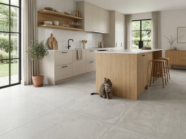Salón moderno con suelo porcelánico efecto cemento claro y mascota junto al sofá.