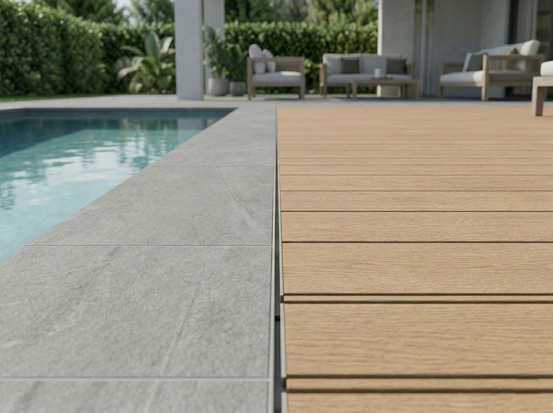 Detalle del borde de piscina con porcelánico gris y tarima tecnológica efecto madera