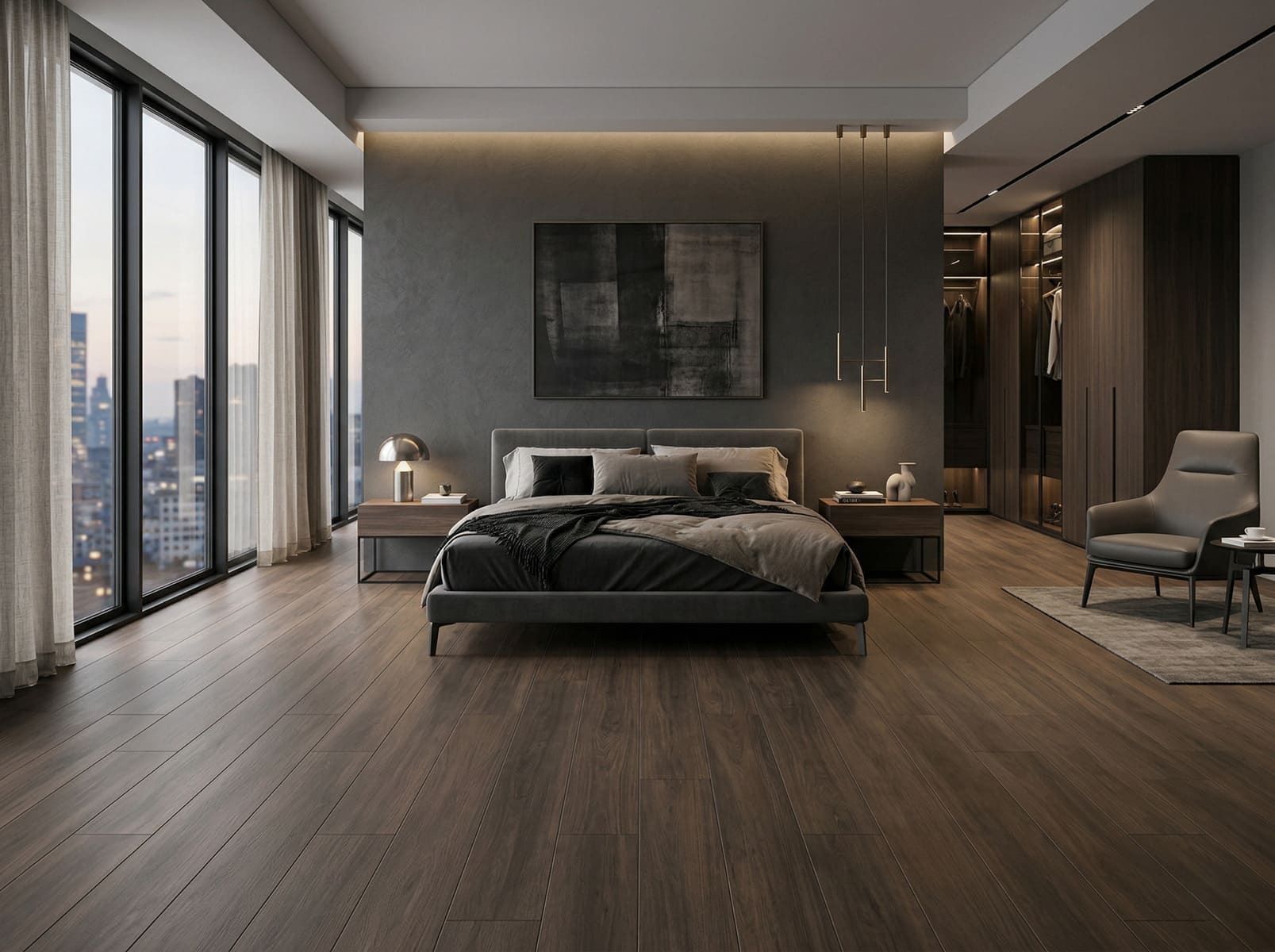 Dormitorio moderno con suelo porcelánico imitación madera oscuro y vestidor integrado.