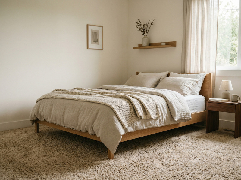 Suelo alfombrado en dormitorio que transmite calidez y suavidad