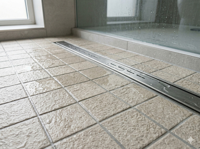 Suelo porcelánico antideslizante en zona de ducha de baño moderno