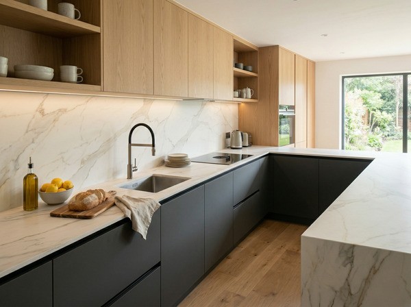 Encimera de cocina revestida con porcelánico de gran formato, superficie resistente y sin juntas antiestéticas