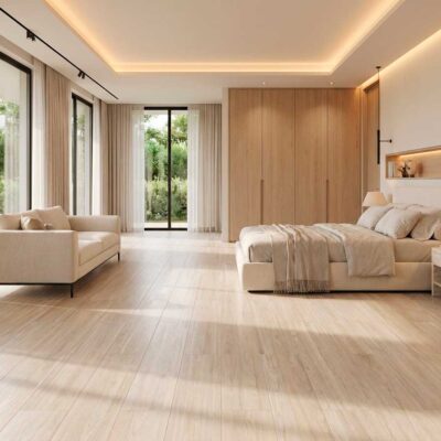 Dormitorio moderno con suelo porcelánico imitación madera Havsta Natural claro.