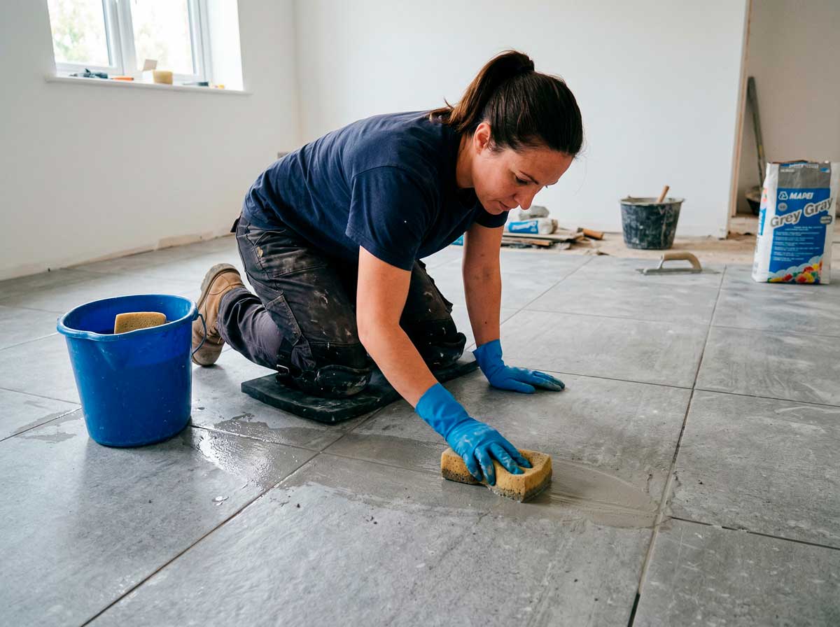 Una mujer con guantes azules limpia las juntas de un suelo porcelánico gris con una esponja.
