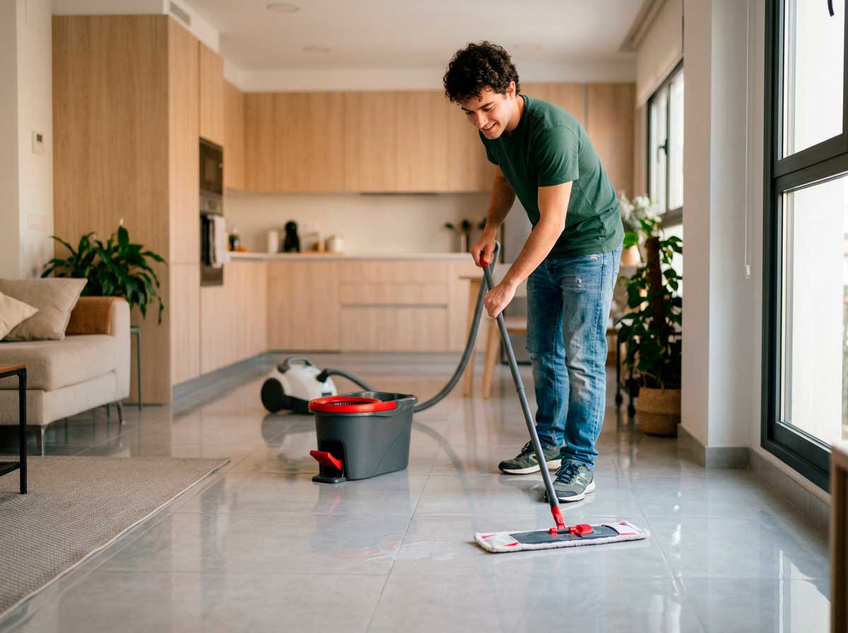 Un hombre joven sonríe mientras friega el suelo porcelánico de su cocina y sala de estar.