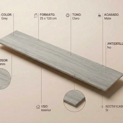 Azulejo porcelánico gris claro mate de 23x120 cm con textura de madera.