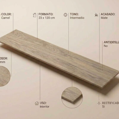 Un azulejo porcelánico Ninsba Camel de 23x120 cm con textura madera, acabado mate y rectificado.