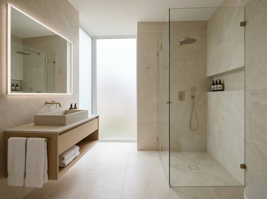 Baño con azulejo porcelánico de gran formato efecto piedra, ejemplo de amplitud visual.