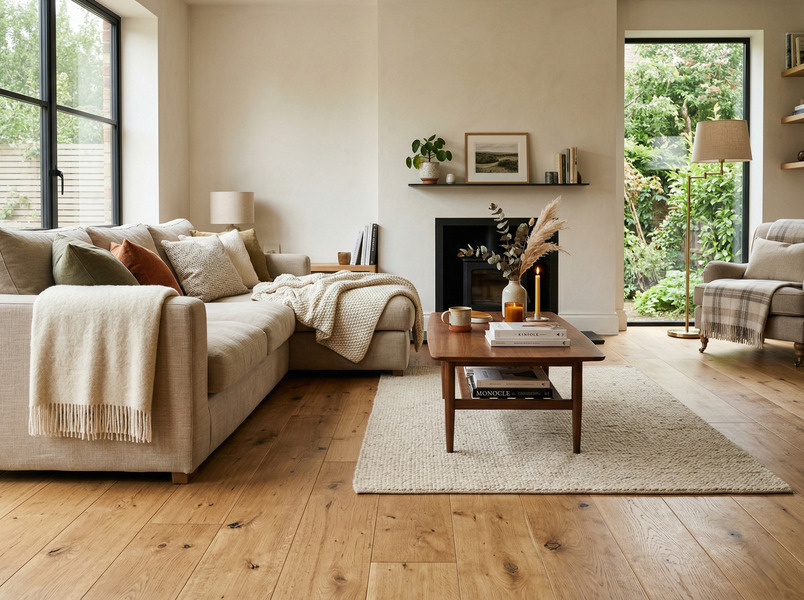 Salón con suelo de madera que transmite una sensación de calidez y confort