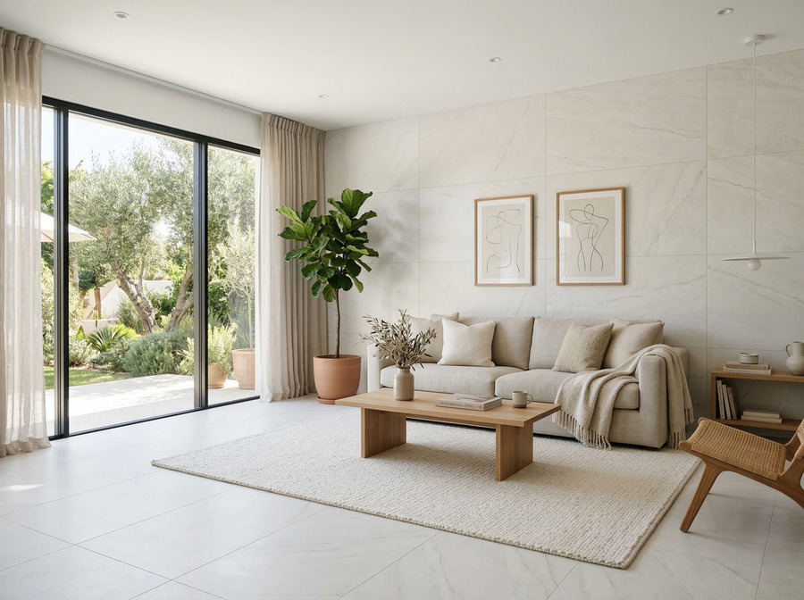 Salón moderno y sereno con paredes y suelo revestidos de azulejo de piedra blanca
