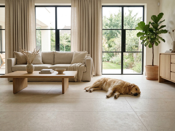 Salón con suelo porcelánico beige en gran formato y perro grande tumbado sobre las baldosas.