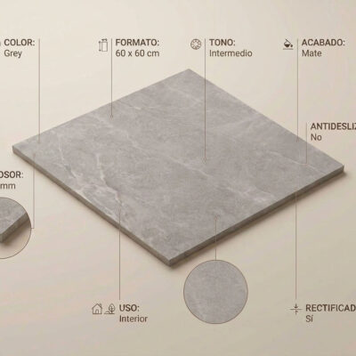 Suelo porcelánico gris de 60x60 cm con acabado mate y textura de cemento para interior.
