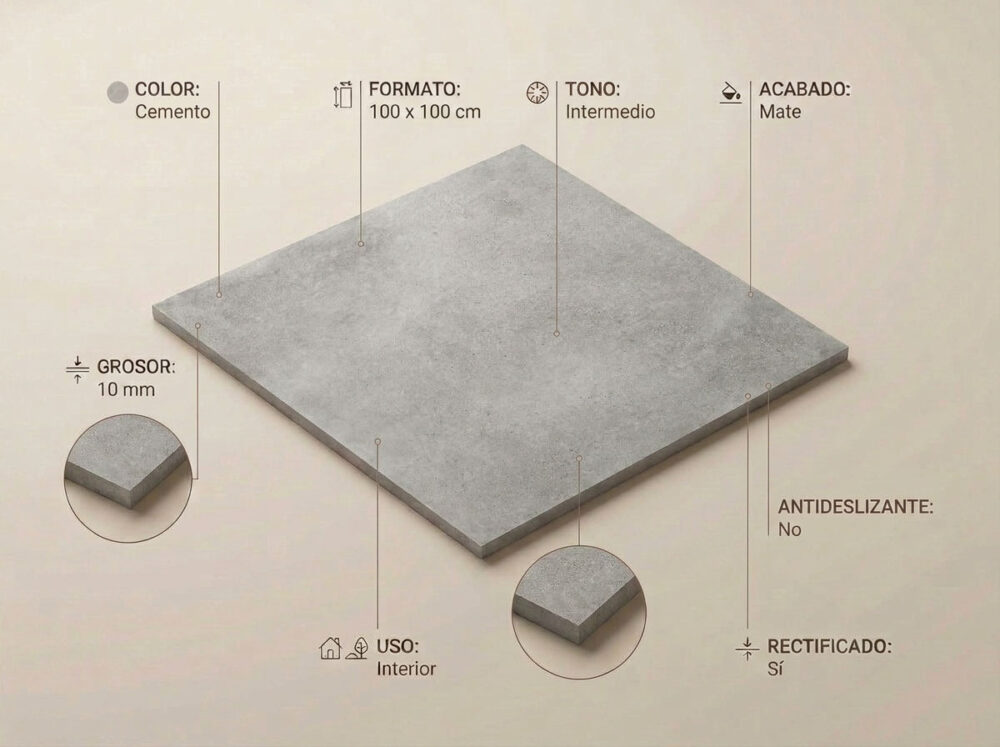Porcelánico Claire Cemento 100×100 cm MT Rect
