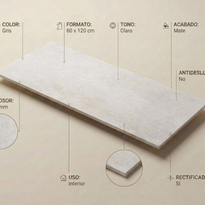 Un suelo porcelánico gris claro de 60x120 cm con acabado mate efecto cemento.