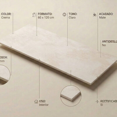 Un suelo porcelanico crema de 60x120 cm con efecto cemento y acabado mate. Se aprecian sus bordes rectificados.