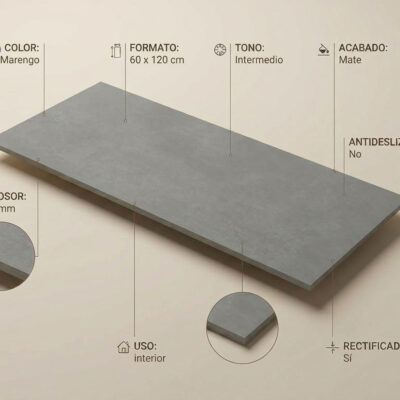 Un azulejo porcelánico gris Marengo de 60x120 cm con efecto cemento y detalles técnicos.