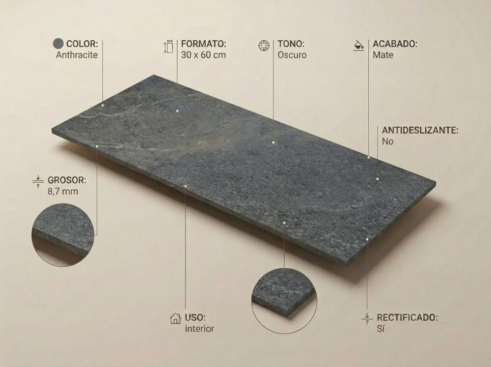 Porcelánico Lithos Anthracite 30×60 cm MT Rect