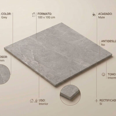 Un suelo porcelanico gris con efecto cemento y acabado mate se muestra. Mide 100x100 cm y es rectificado.